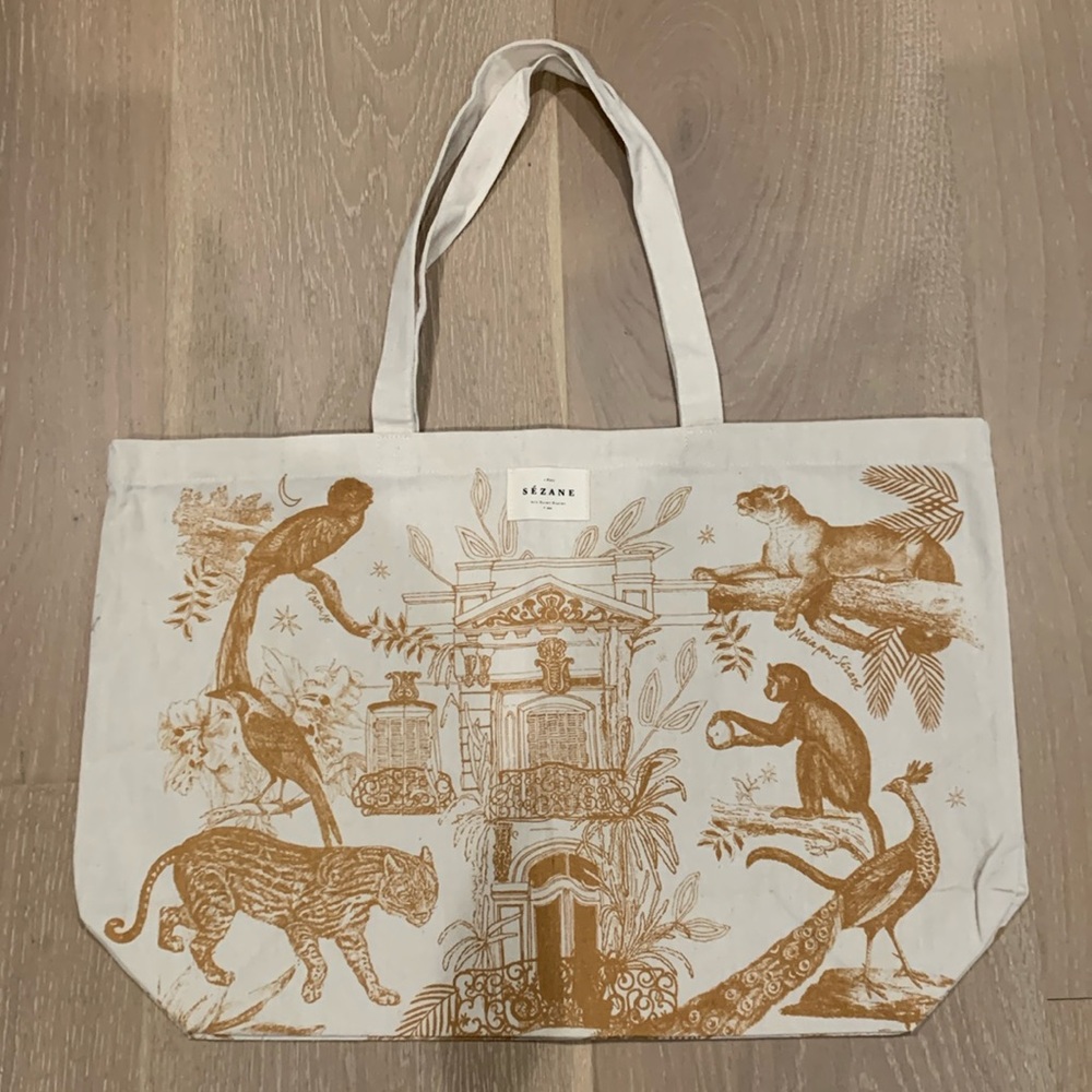 Sezane muslin woven printed tote